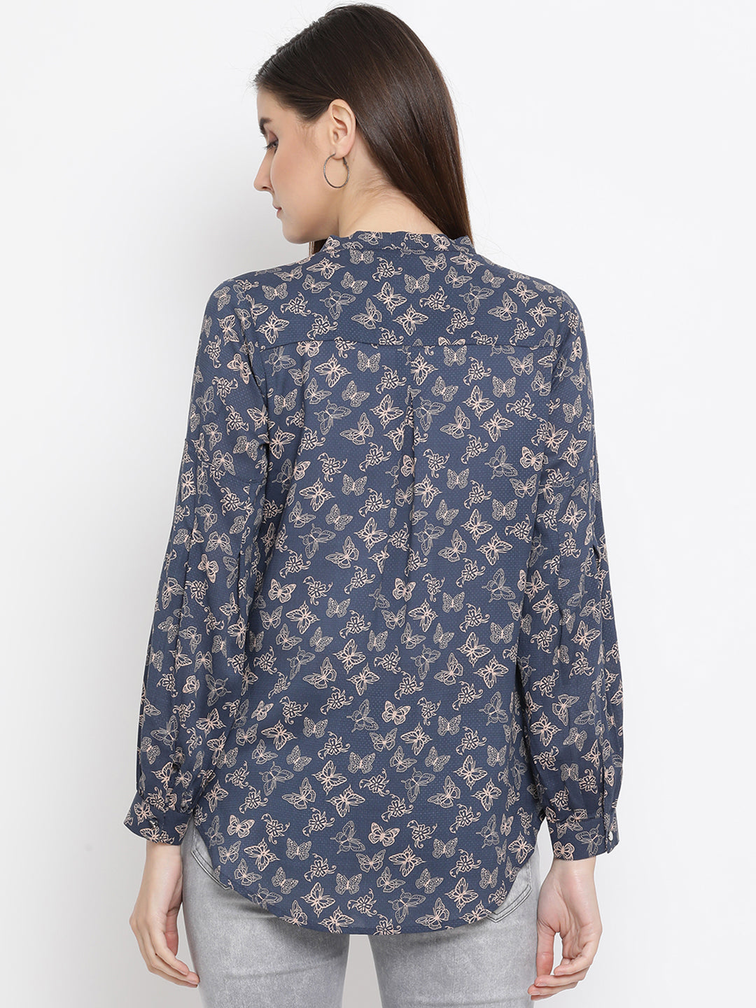 Blue Printed Tie-Up Neck Tops - Women Tops