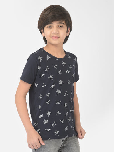 Navy Blue Printed Round Neck T-Shirt - Boys T-Shirts