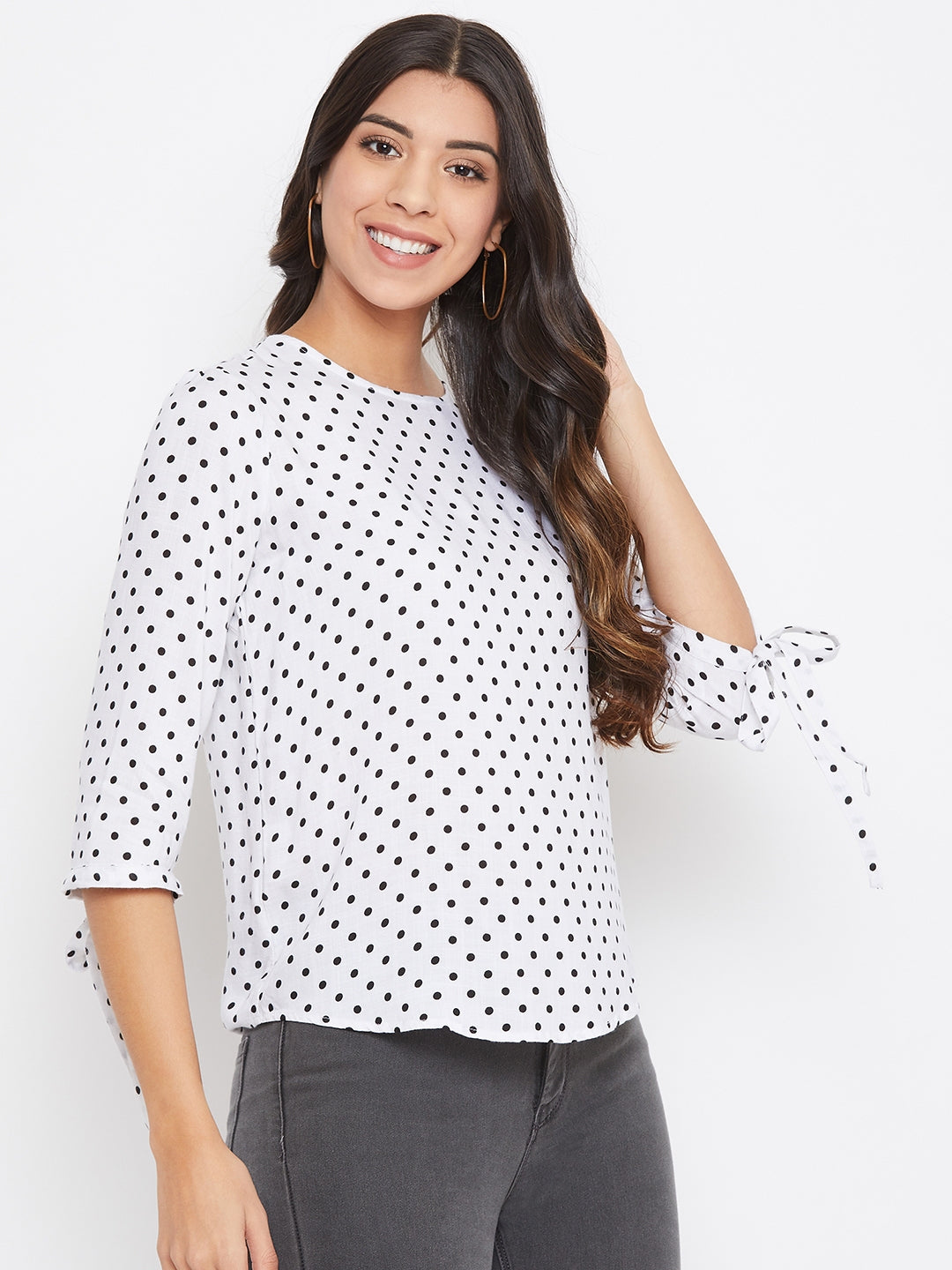 White Pokla Dots Slim Fit Top - Women Tops