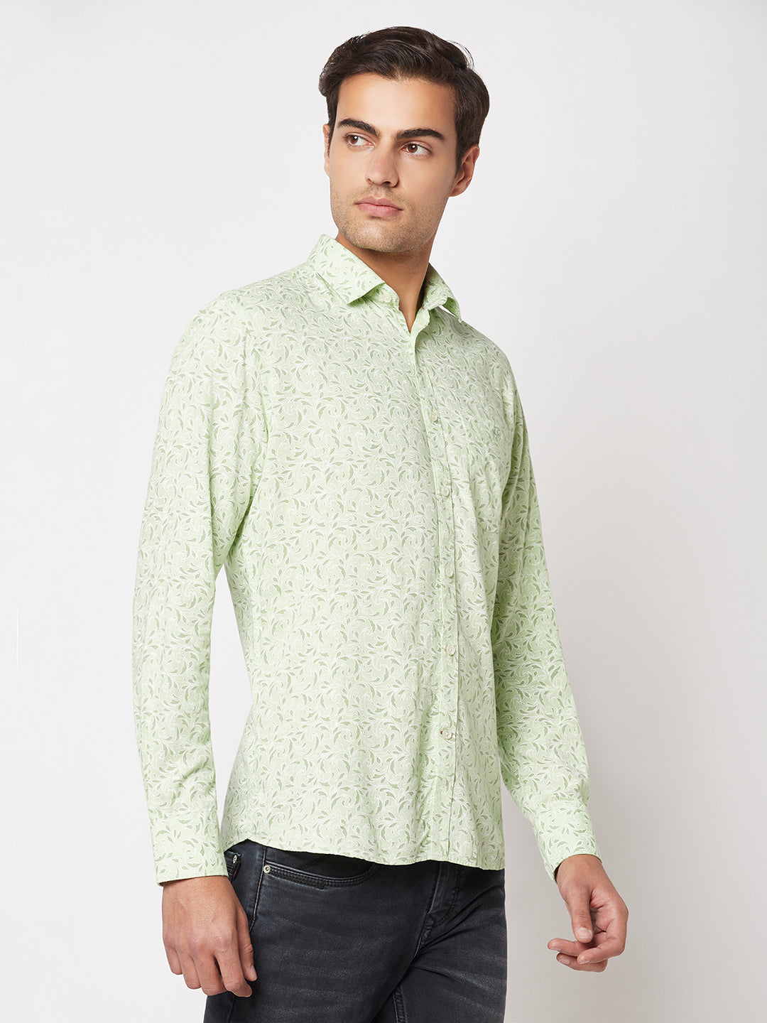  Light Green Motif Print Shirt