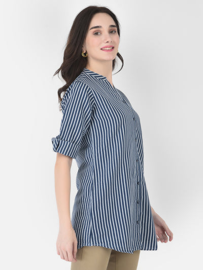 Navy Blue Striped Longline Shirt - Women Shirts