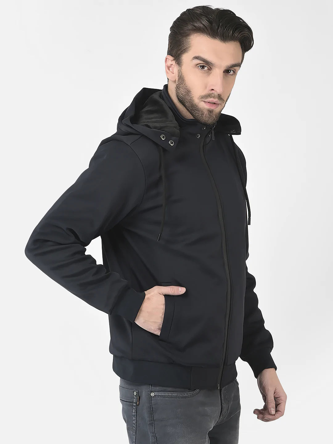  Navy Blue Removable Hood Bomber Jacket 