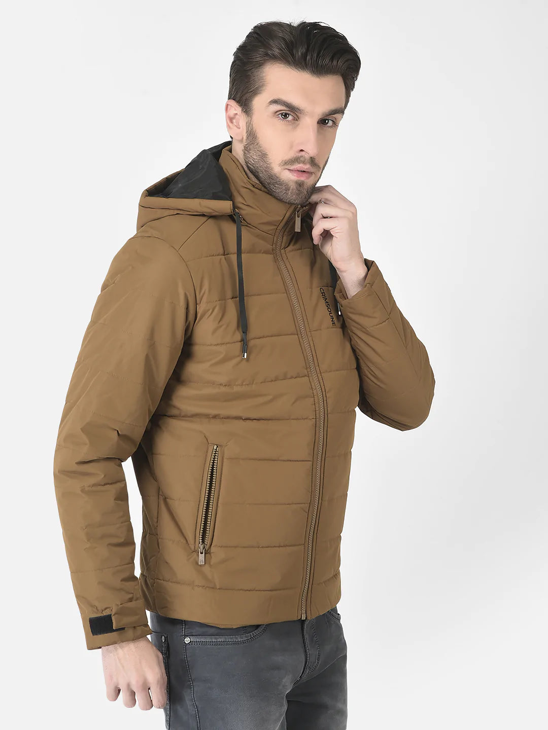  Tan High-Neck Hooded Jacket