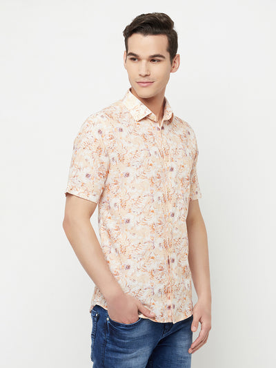 Orange Floral Printed Linen Shirt - Men Shirts