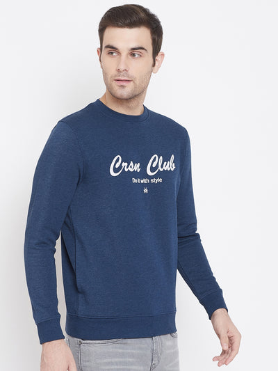 Navy Blue Printed Round Neck Sweatshirt-Men Sweat Shirts-Crimsoune Club