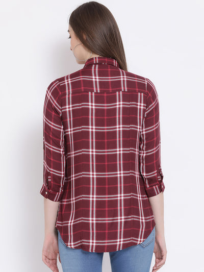 Maroon Checked Spread Collar Slim Fit Shirt - Women Shirts