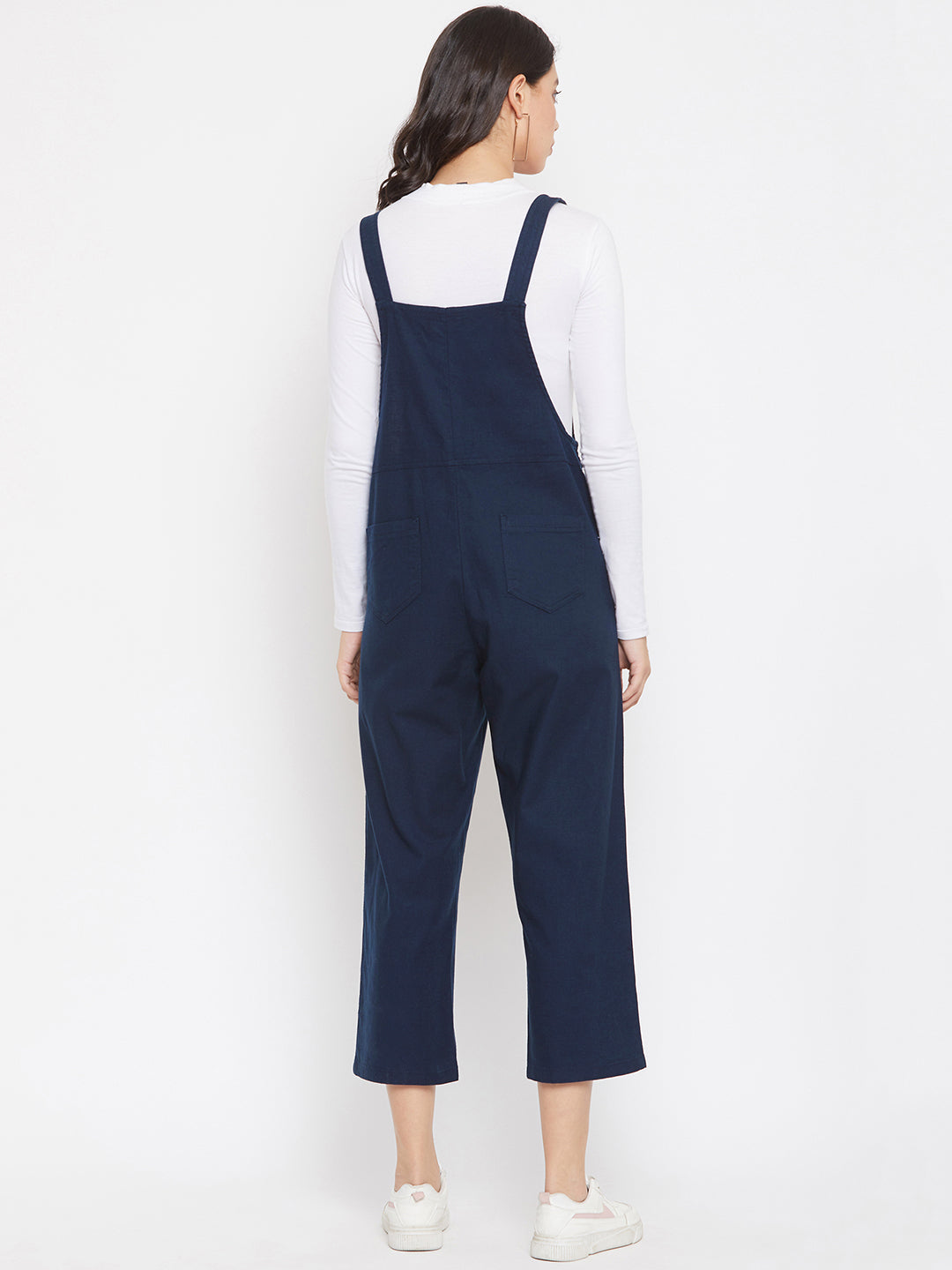 Navy Blue Solid Slim Fit Dungarees-Women Dungarees-Crimsoune Club