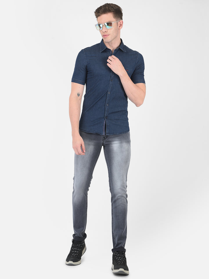 Dark blue jeans with blue shirt on sale