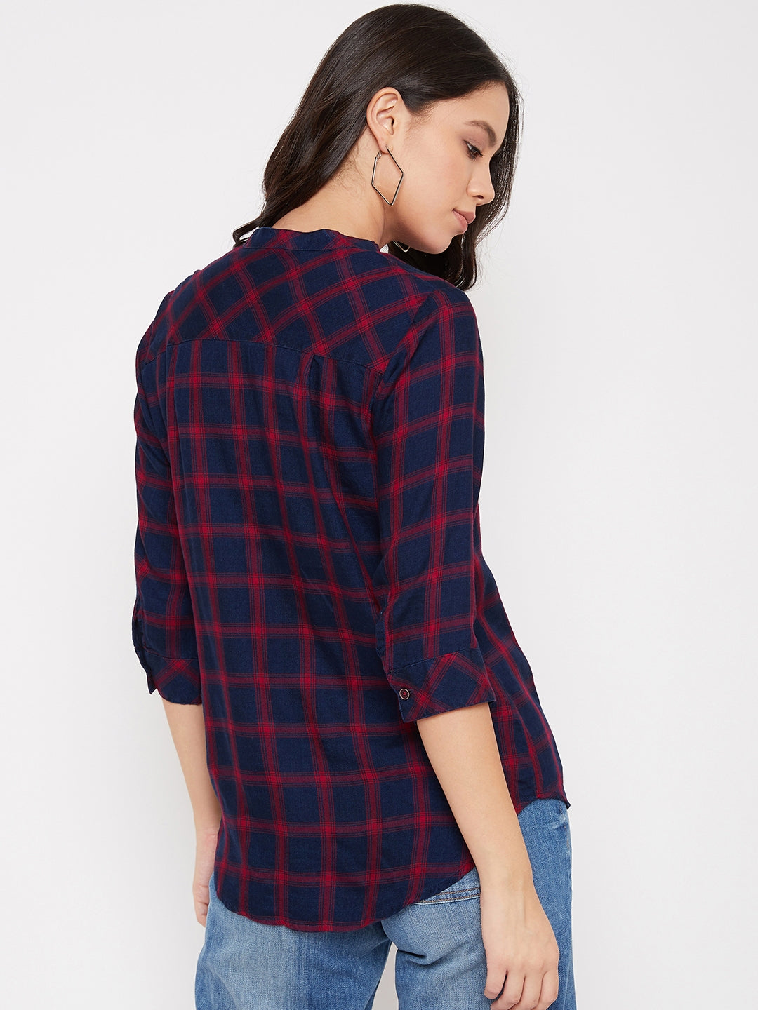 Navy Blue Checked Mandarin Collar Slim Fit Shirt - Women Shirts