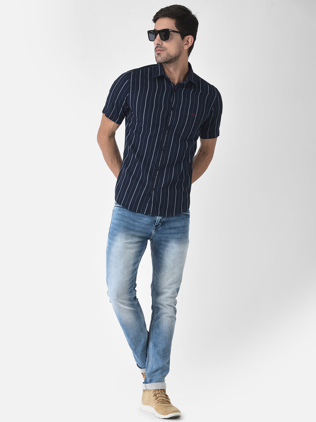 Navy Blue Striped Short Sleeves Shirt - Men Shirts