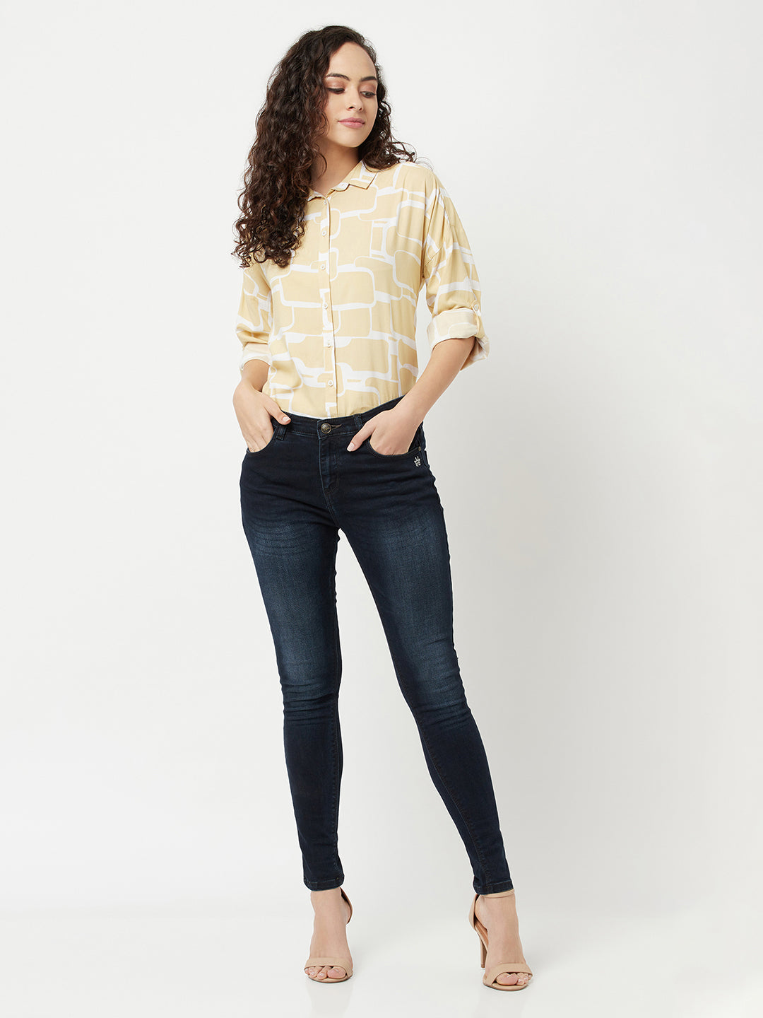 Beige Printed High-Low Shirt-Women Shirts-Crimsoune Club