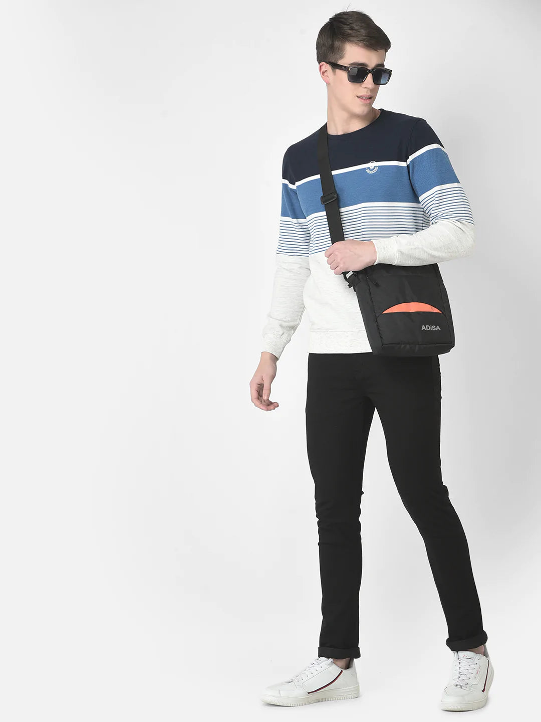  Navy Blue Colour-Blocked and Striped Sweatshirt 