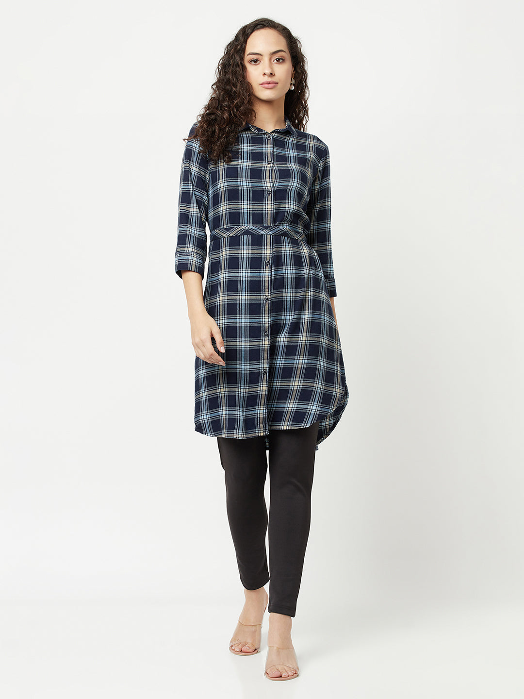 Navy Blue Check Shirt Dress