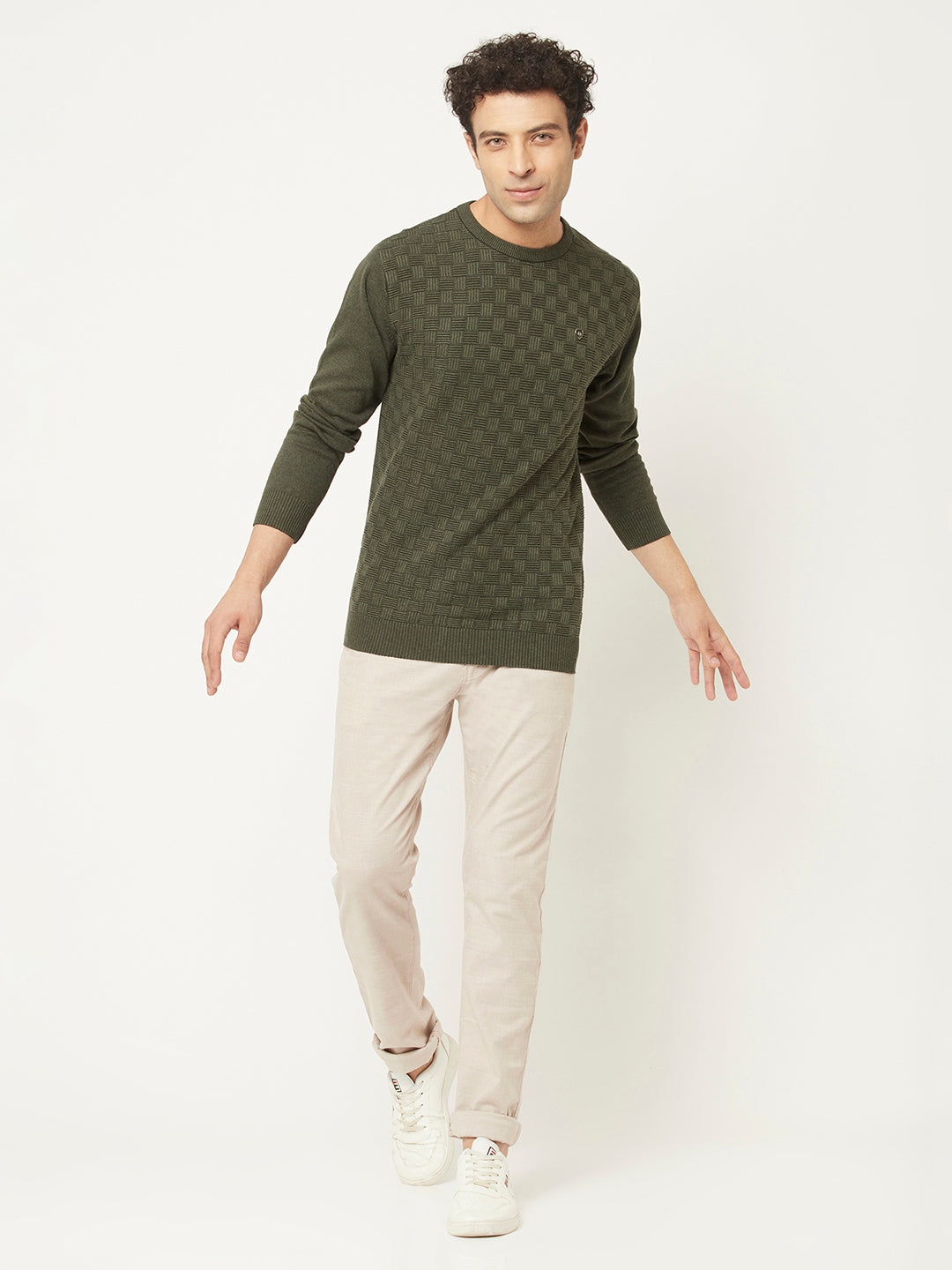 Army Green Sweater in Self Design Pattern-Men Sweaters-Crimsoune Club