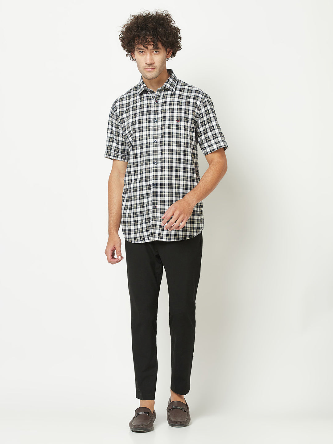  Black Short-Sleeved Checked Shirt