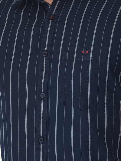 Navy Blue Striped Short Sleeves Shirt - Men Shirts