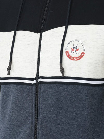  Navy Blue Colour-Blocked Zipper Sweatshirt 