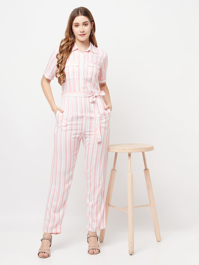 Pink store striped jumpsuit