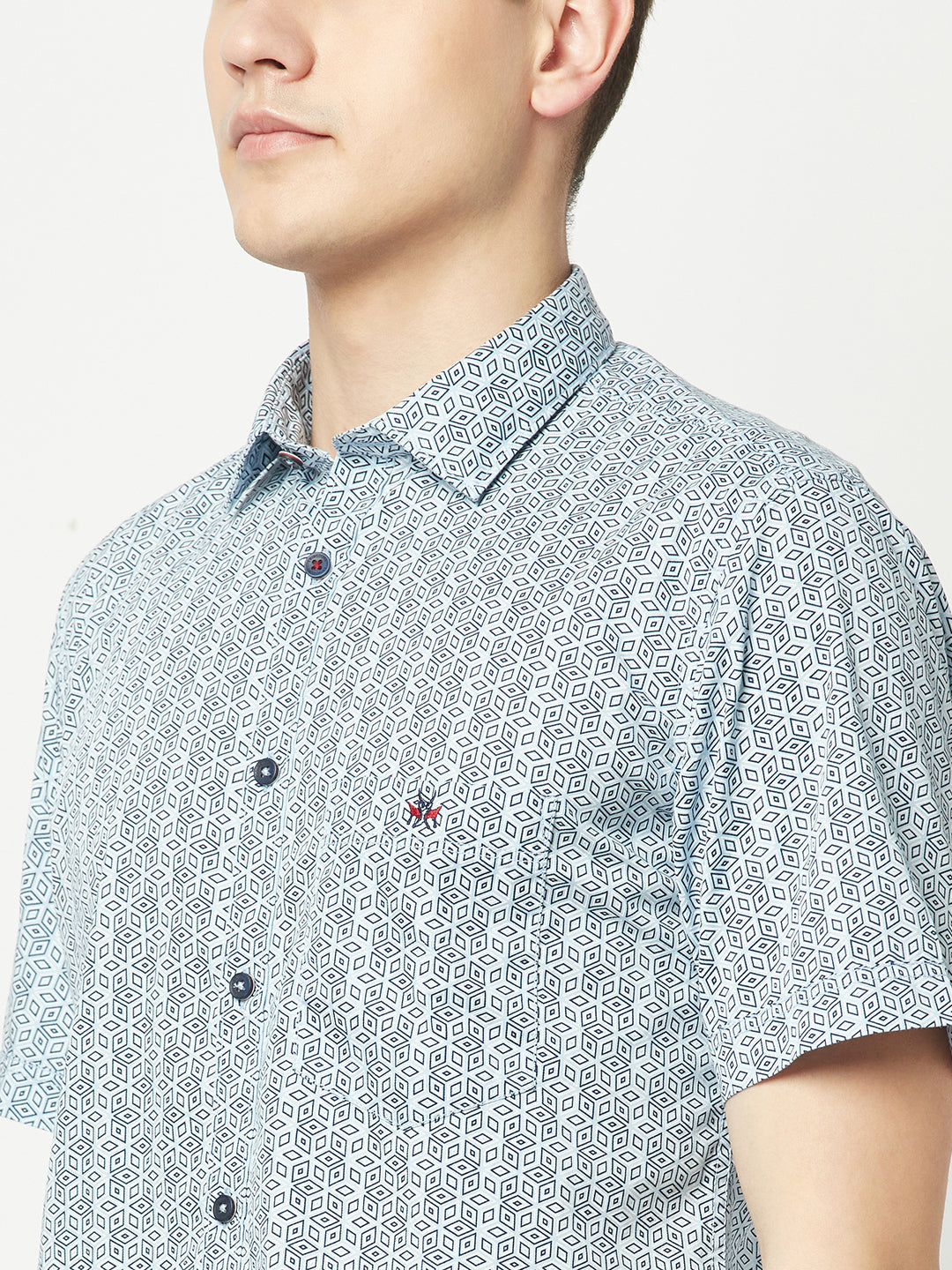  Short-Sleeved Sky Blue Motif Shirt 