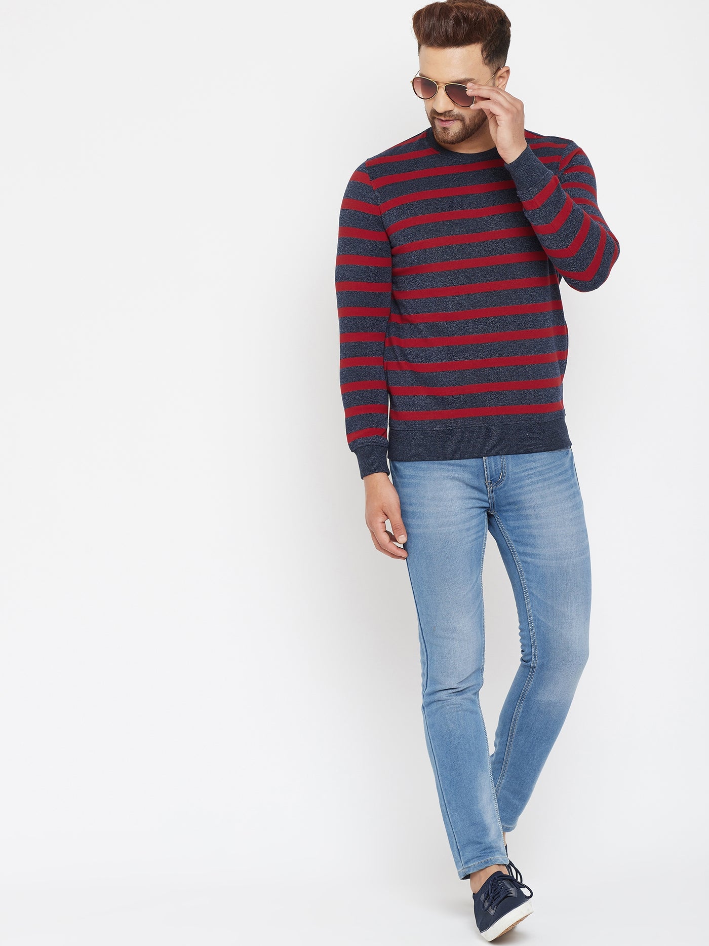 Navy Blue Striped Sweatshirt - Men Sweatshirts