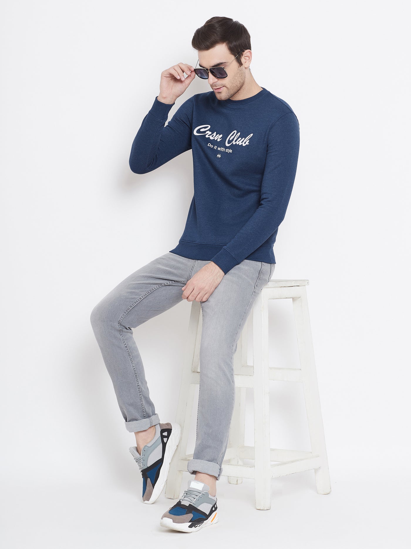 Navy Blue Printed Round Neck Sweatshirt-Men Sweat Shirts-Crimsoune Club