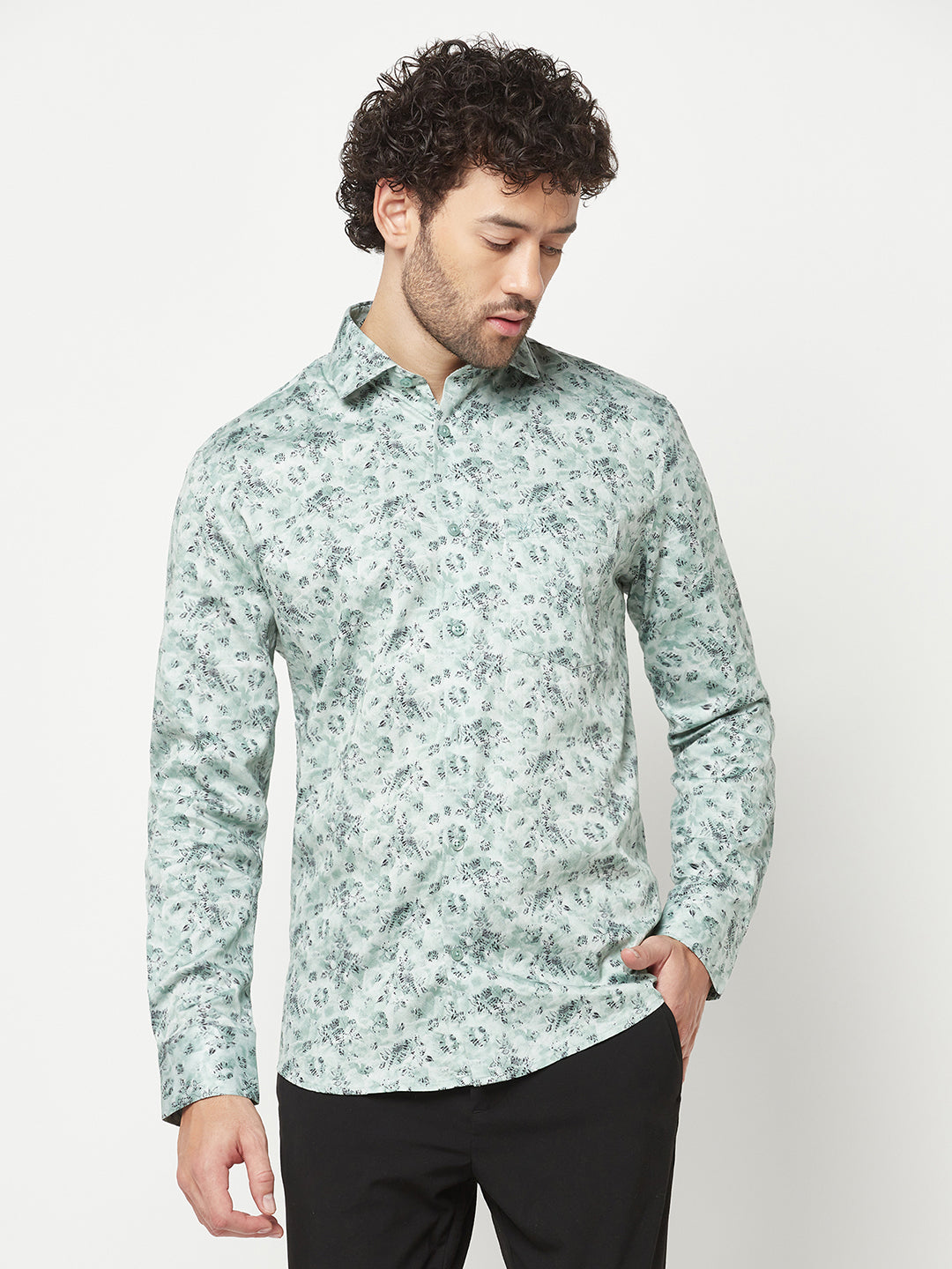 Green Floral Print Cotton Shirt 