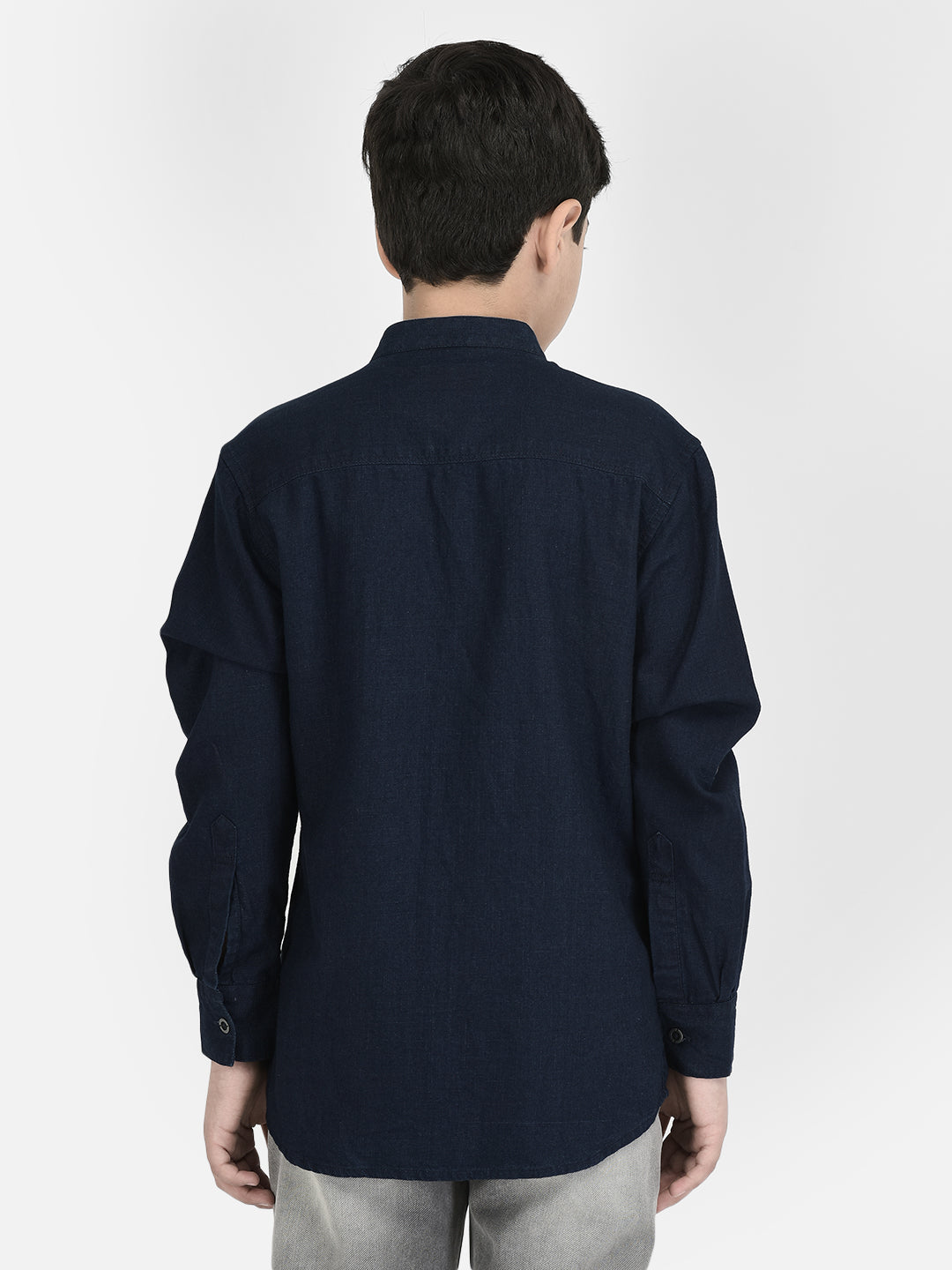 Navy Blue Mandarin Neck Denim Shirt