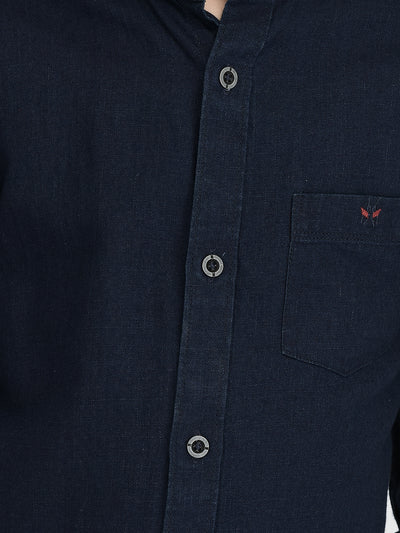 Navy Blue Mandarin Neck Denim Shirt