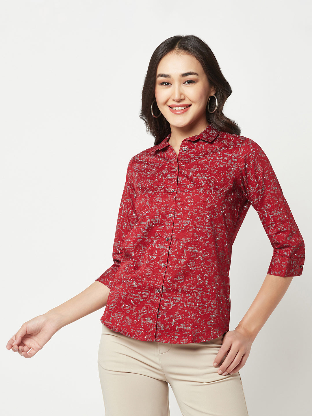  Maroon Floral Shirt With 3/4th Sleeves