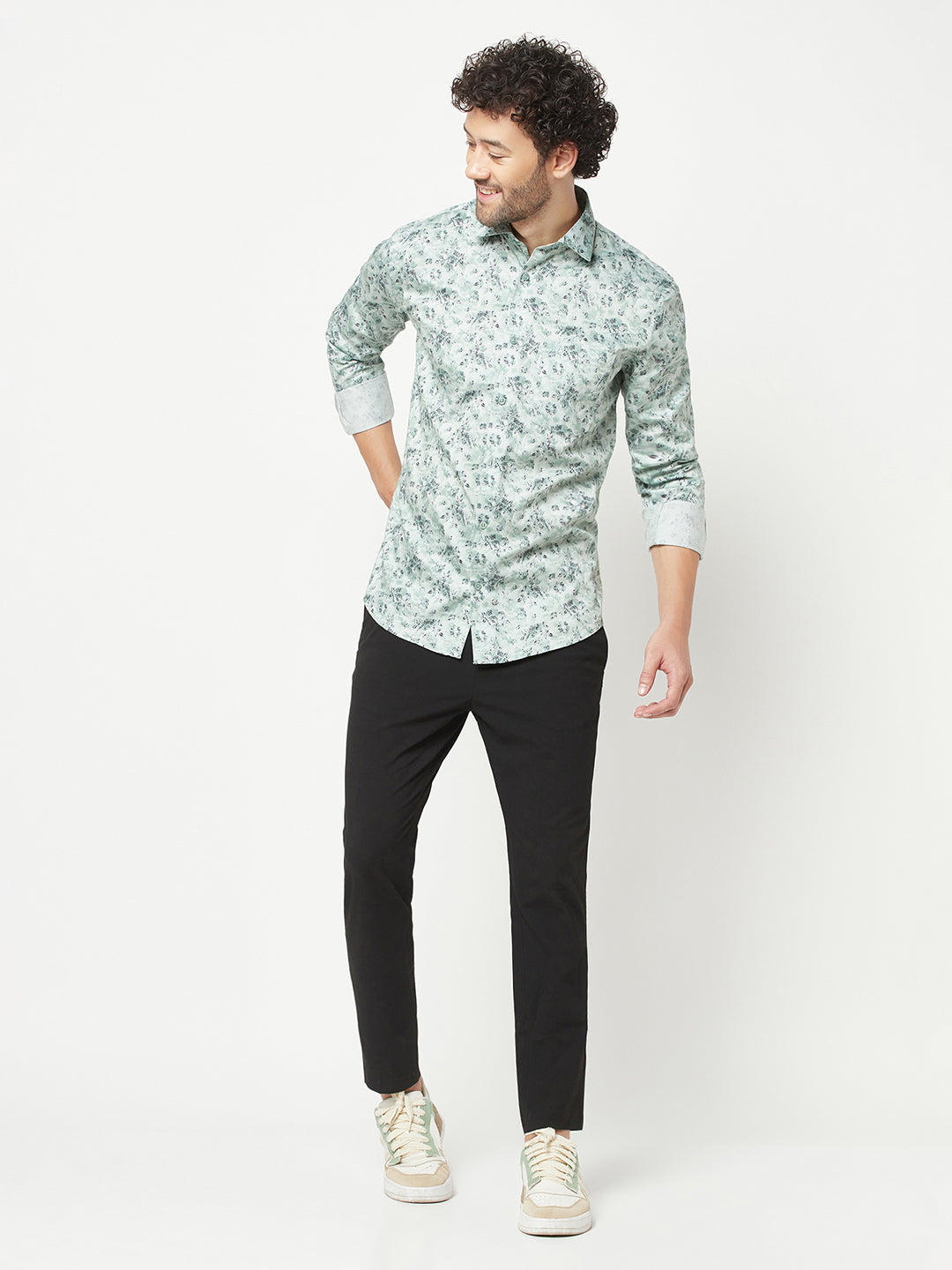 Green Floral Print Cotton Shirt 