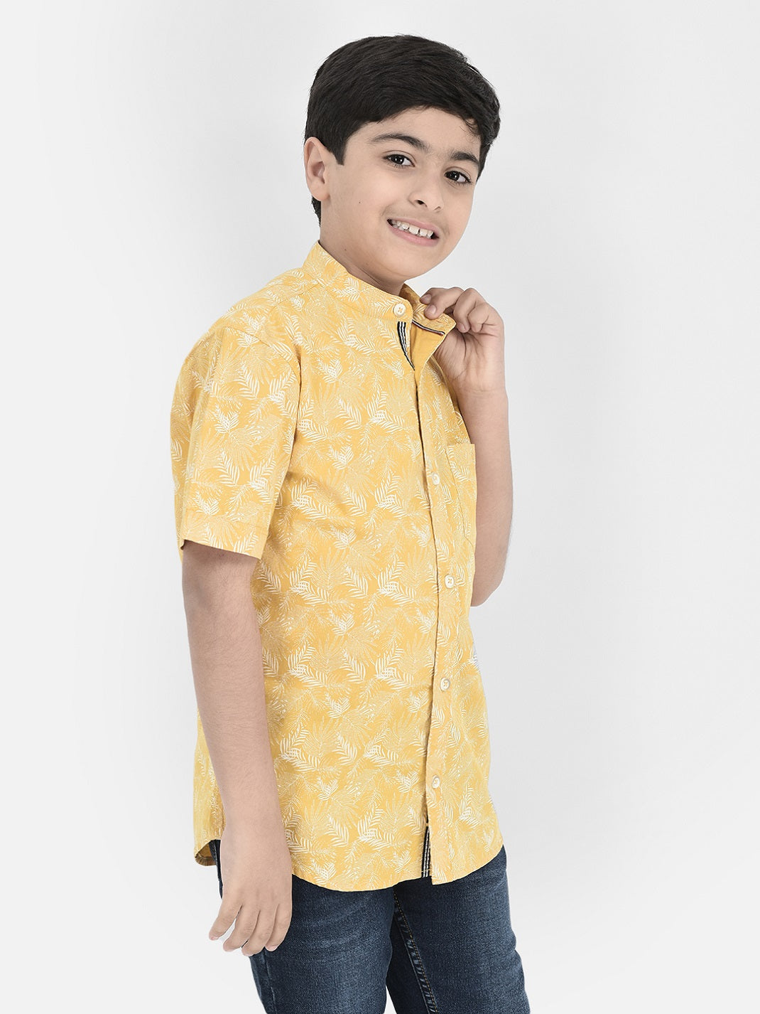  Yellow Floral Mandarin Neck Shirt