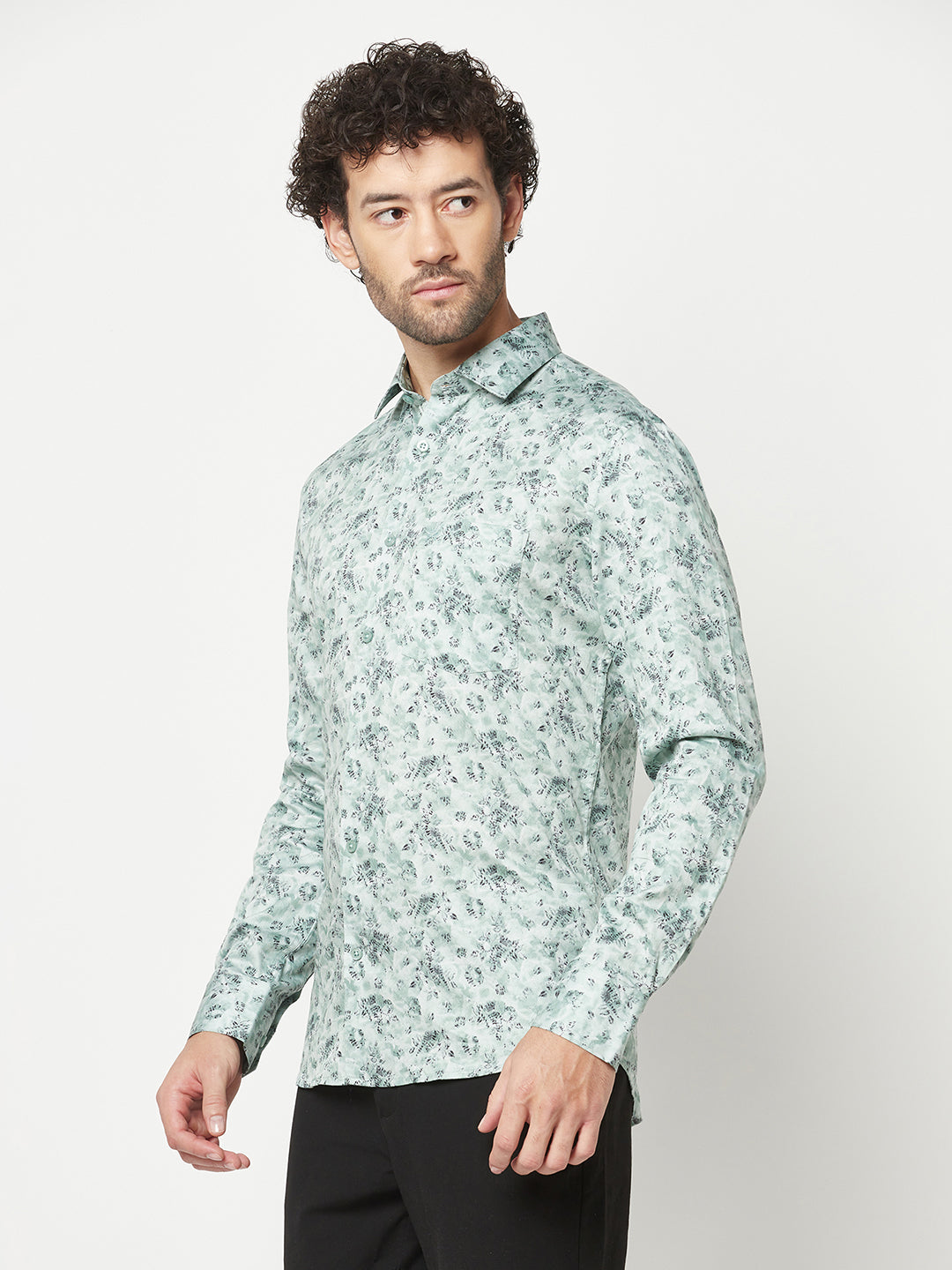 Green Floral Print Cotton Shirt 