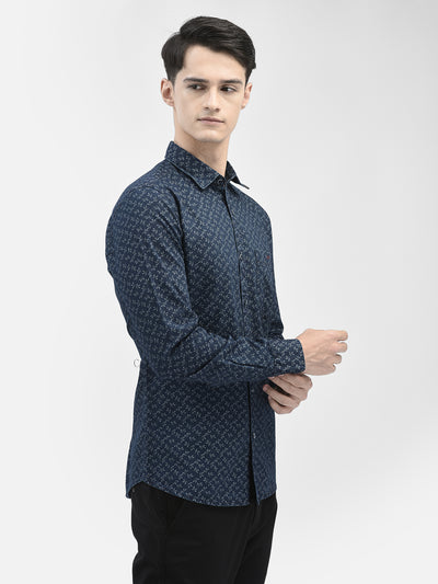 Navy Blue Printed Denim Shirt