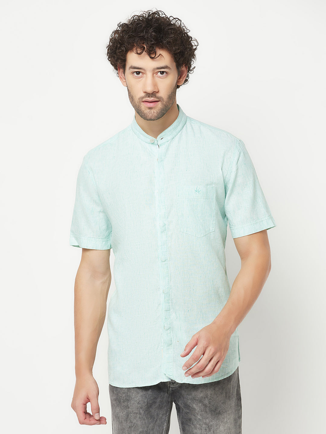 Green Mandarin Neck Shirt