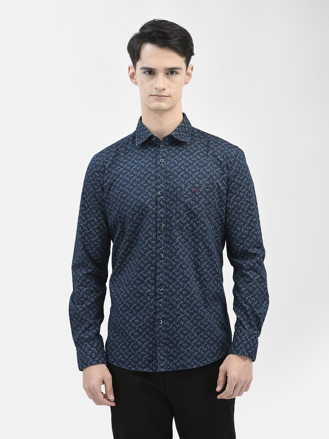 Navy Blue Printed Denim Shirt