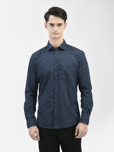 Navy Blue Printed Denim Shirt