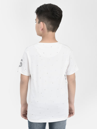  White Round Neck Printed T-shirt